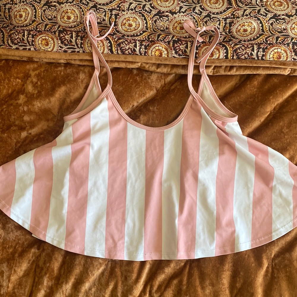 Kortni Jeane stripe tent swim top pink white tie straps SMALL